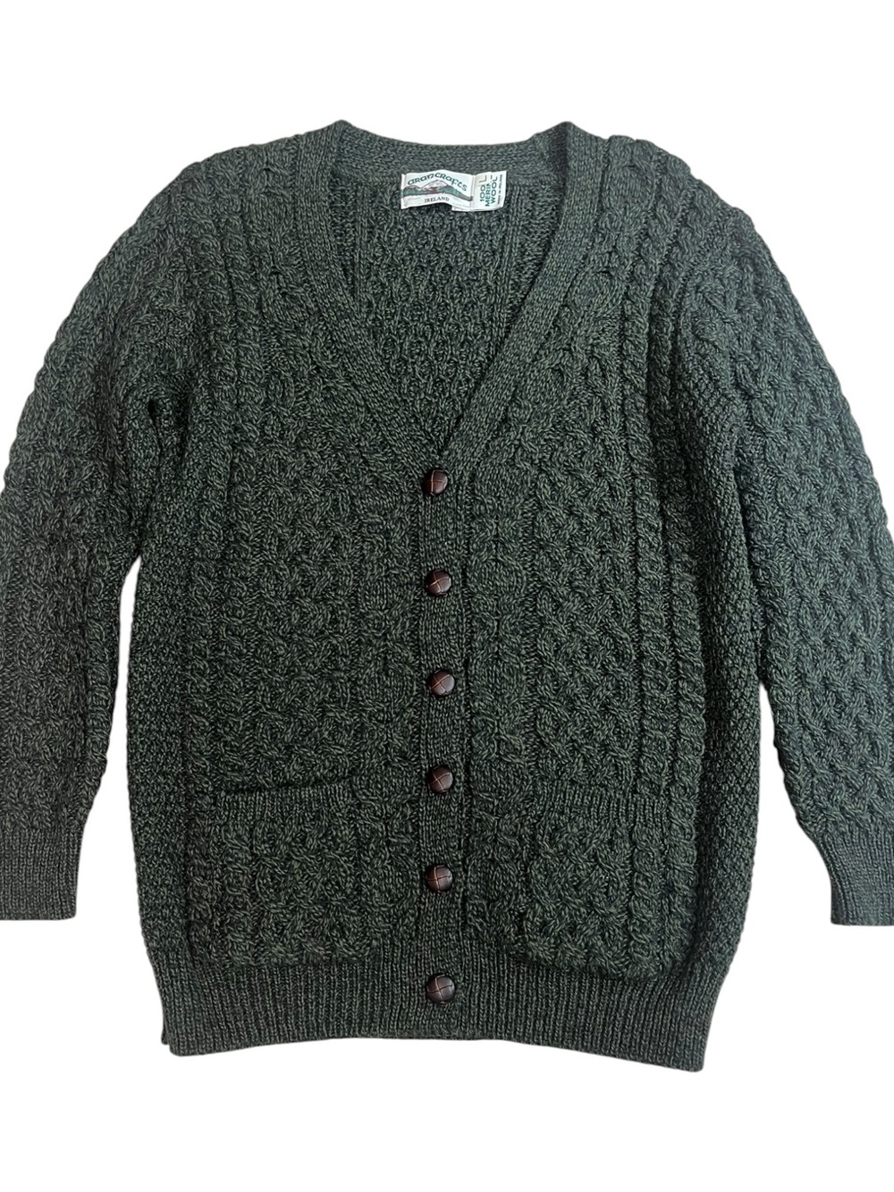 Inis Crafts Irish Merino Wool Cable Knit Cardigan Sweater Womens Large Green